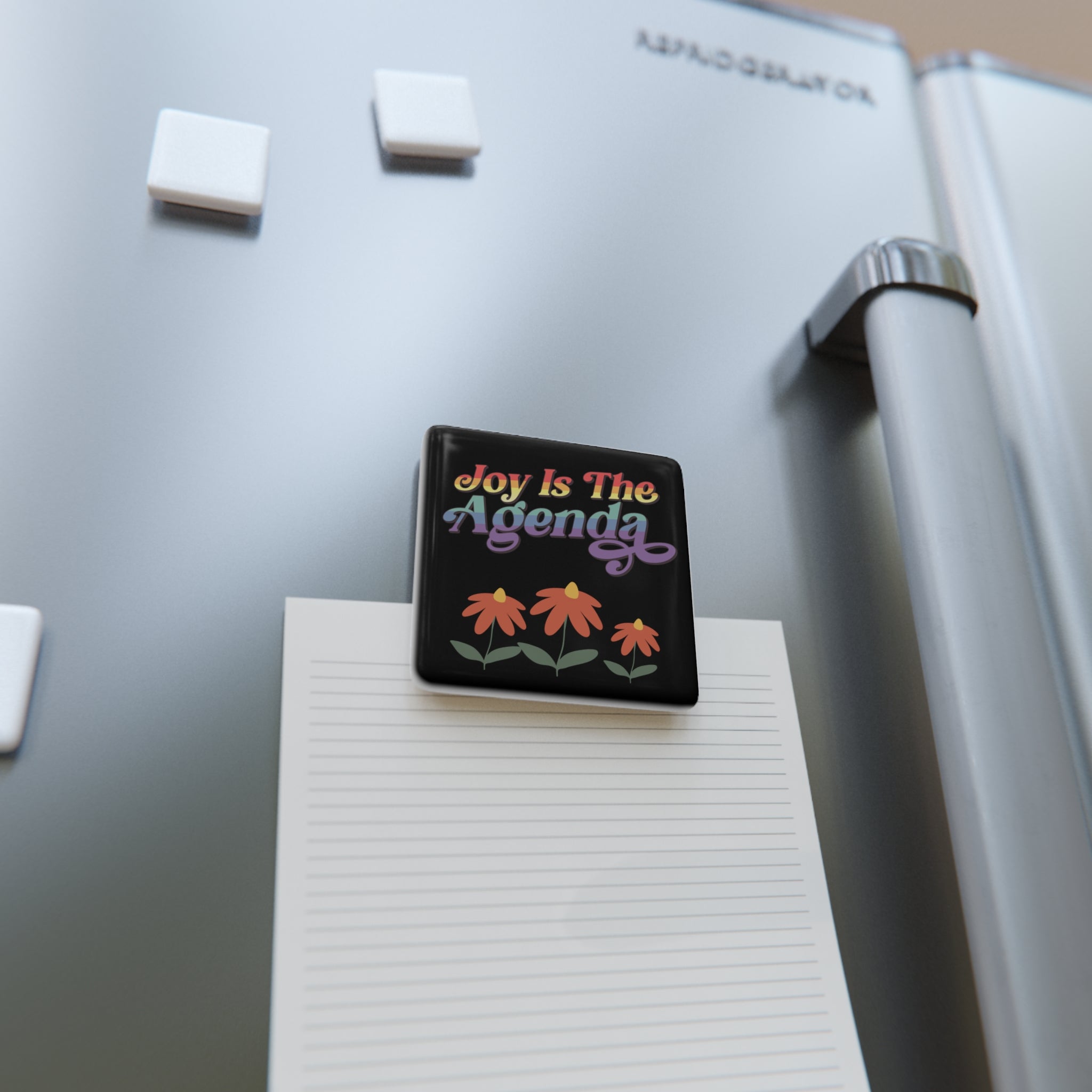 Square Porcelain Magnet — "Joy Is The Agenda" Rainbow Floral Design